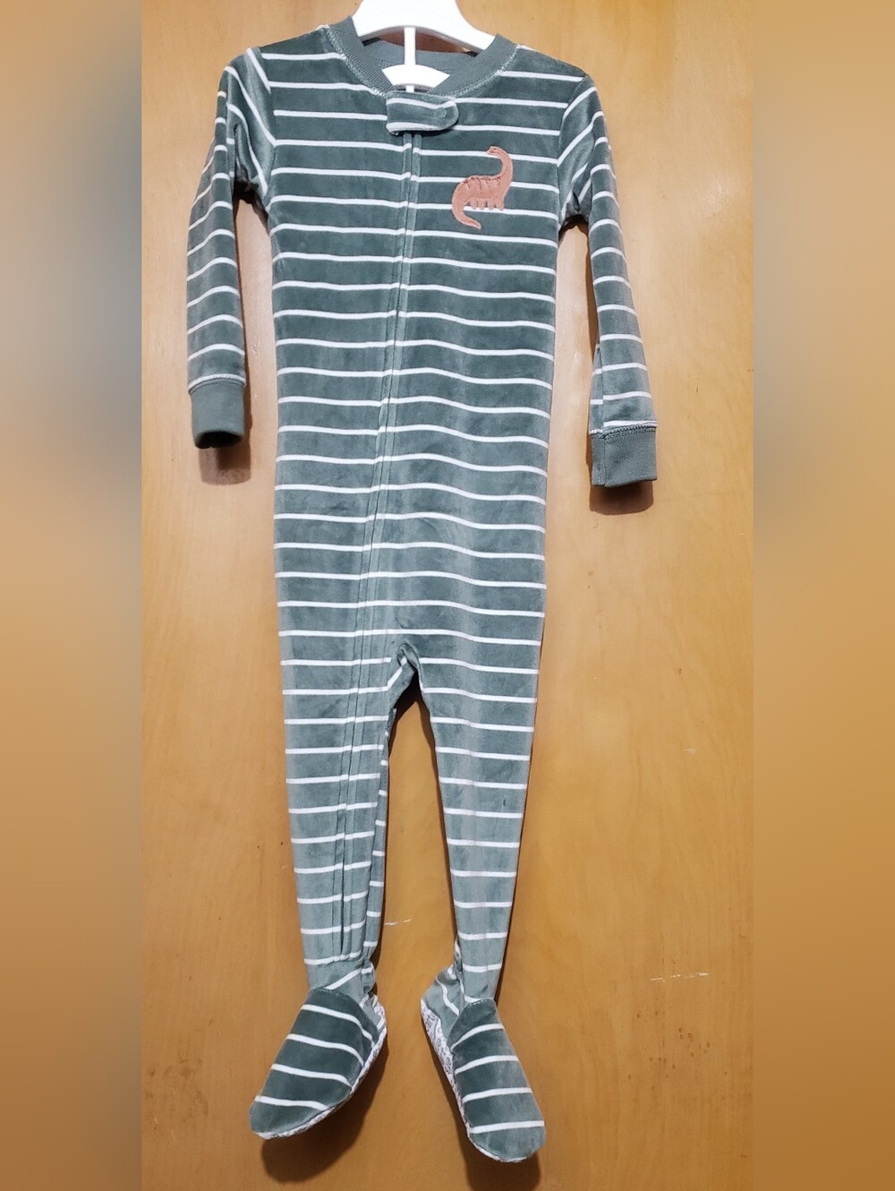 Carter's Green and White Striped Footed One-Piece with Dino Patch